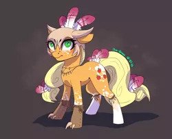 Size: 1600x1300 | Tagged: safe, alternate version, artist:joan-grace, derpibooru import, part of a set, applejack, earth pony, pony, claws, feather, female, floppy ears, helmet, image, part of a series, png, solo, tassels, tribal