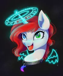 Size: 2000x2400 | Tagged: safe, artist:joan-grace, derpibooru import, oc, unofficial characters only, pony, unicorn, artificial wings, augmented, collar, eyelashes, female, glow, glowing horn, horn, image, magic, magic wings, mare, png, signature, smiling, unicorn oc, wings