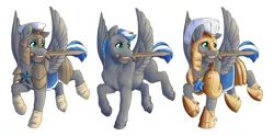 Size: 4592x2273 | Tagged: safe, artist:0naturaldisaster0, derpibooru import, oc, oc:cloud zapper, unofficial characters only, pegasus, pony, armor, image, male, mouth hold, pegasus oc, png, royal guard, stallion, sword, weapon, wings