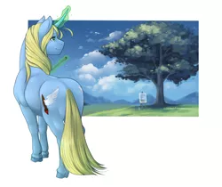 Size: 2843x2387 | Tagged: safe, artist:0naturaldisaster0, derpibooru import, oc, unofficial characters only, pony, unicorn, glow, glowing horn, horn, image, magic, outdoors, png, smiling, solo, telekinesis, tree, unicorn oc