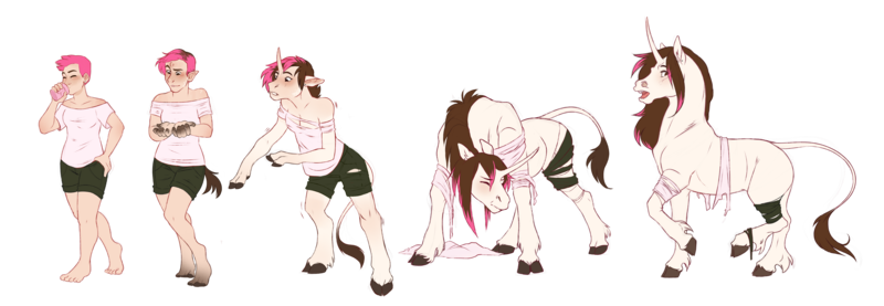 Size: 9787x3384 | Tagged: safe, artist:0naturaldisaster0, derpibooru import, oc, unofficial characters only, human, pony, unicorn, clothes, horn, image, leonine tail, png, simple background, tail, transformation, transformation sequence, transparent background, unicorn oc