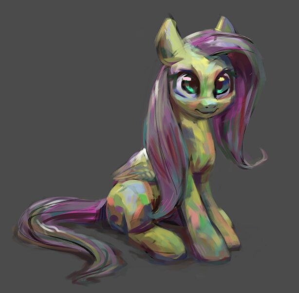 Size: 1669x1631 | Tagged: safe, artist:bunchedupletters, derpibooru import, fluttershy, pegasus, pony, female, gray background, image, jpeg, mare, simple background, sitting, solo