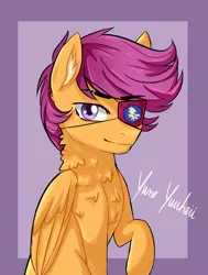 Size: 1509x2000 | Tagged: safe, artist:yumeyuuheii, derpibooru import, scootaloo, pegasus, pony, abstract background, bust, chest fluff, eyepatch, female, image, jpeg, mare, older, older scootaloo, raised hoof, signature, smiling, wings