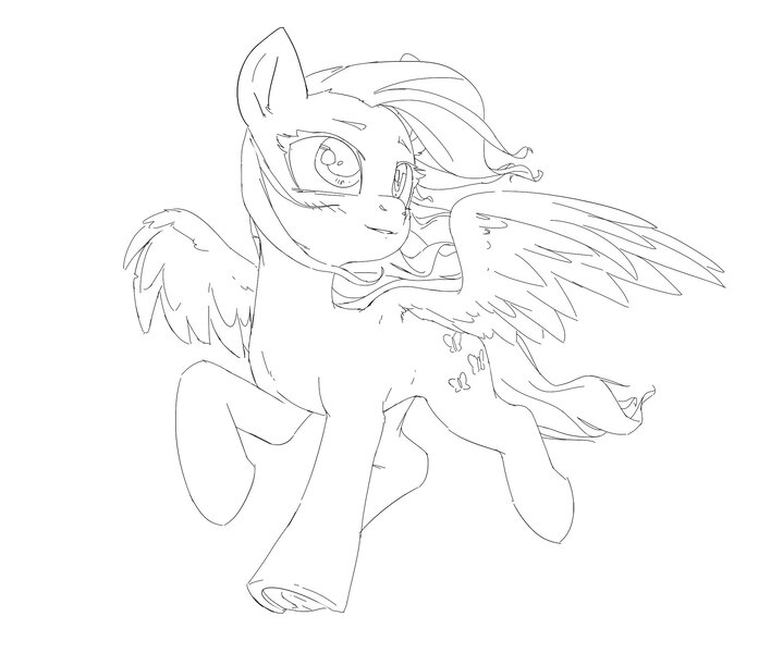 Size: 2254x1882 | Tagged: safe, artist:bunchedupletters, derpibooru import, fluttershy, pegasus, pony, black and white, female, grayscale, image, jpeg, lineart, mare, monochrome, partially open wings, solo, wind, windswept mane, wings