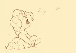 Size: 2116x1466 | Tagged: safe, artist:bunchedupletters, derpibooru import, pinkie pie, earth pony, pony, dandelion, female, image, jpeg, lineart, looking at something, mare, monochrome, qr code, seeds, sitting, solo