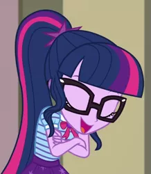 Size: 463x532 | Tagged: safe, derpibooru import, screencap, sci-twi, twilight sparkle, equestria girls, equestria girls series, holidays unwrapped, spoiler:eqg series (season 2), cropped, image, png, solo, the cider louse fools