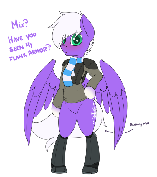 Size: 2400x2700 | Tagged: safe, artist:ponynamedmixtape, derpibooru import, oc, oc:infinatus amor, pegasus, fallout equestria, armor, bipedal, blushing, boots, bottomless, clothes, dialogue, femboy, feminine stallion, hips, image, looking at you, male, partial nudity, png, scarf, shirt, shoes, simple background, text, transparent background