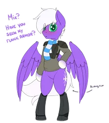Size: 2400x2700 | Tagged: safe, artist:ponynamedmixtape, derpibooru import, oc, oc:infinatus amor, pegasus, fallout equestria, armor, bipedal, blushing, boots, bottomless, clothes, dialogue, femboy, feminine stallion, hips, image, looking at you, male, partial nudity, png, scarf, shirt, shoes, simple background, text, transparent background