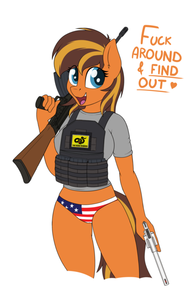 Size: 2000x3000 | Tagged: suggestive, artist:ponynamedmixtape, derpibooru import, oc, oc:cassette, unofficial characters only, anthro, earth pony, armor, bikini, bikini bottom, bottomless, cetme, clothes, flag bikini, gun, handgun, image, partial nudity, plate carrier, png, redraw, revolver, simple background, swimsuit, text, transparent background, vulgar, weapon