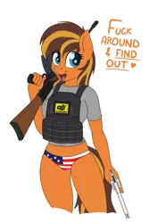 Size: 2000x3000 | Tagged: suggestive, artist:ponynamedmixtape, derpibooru import, oc, oc:cassette, unofficial characters only, anthro, earth pony, armor, bikini, bikini bottom, bottomless, cetme, clothes, flag bikini, gun, handgun, image, partial nudity, plate carrier, png, redraw, revolver, simple background, swimsuit, text, transparent background, vulgar, weapon