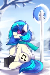 Size: 1600x2400 | Tagged: safe, artist:shadowreindeer, derpibooru import, vinyl scratch, image, jpeg, sign, snow, tree, winter