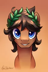 Size: 2000x3000 | Tagged: oc name needed, safe, artist:jedayskayvoker, derpibooru import, oc, oc:laurel crown, pony, bust, crown, eyebrows, eyebrows visible through hair, gradient background, icon, image, jewelry, looking at you, male, png, portrait, regalia, short hair, smiley face, solo, stallion