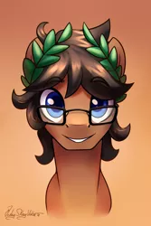 Size: 2000x3000 | Tagged: oc name needed, safe, alternate version, artist:jedayskayvoker, derpibooru import, oc, oc:laurel crown, pony, bust, crown, eyebrows, eyebrows visible through hair, glasses, gradient background, icon, image, jewelry, looking at you, male, png, portrait, regalia, short hair, smiley face, solo, stallion