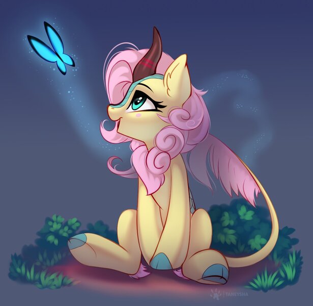 Size: 1246x1216 | Tagged: safe, artist:taneysha, derpibooru import, fluttershy, butterfly, insect, kirin, female, image, jpeg, kirinified, open mouth, sitting, smiling, solo, species swap