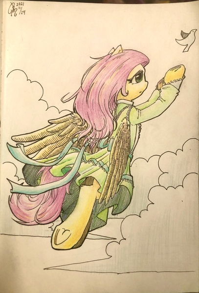 Size: 2630x3873 | Tagged: safe, artist:b_m, derpibooru import, fluttershy, pegasus, semi-anthro, clothes, cloud, flying, image, jpeg, solo, traditional art, wings