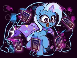 Size: 2000x1500 | Tagged: safe, artist:lou, derpibooru import, trixie, bear, pony, unicorn, ursa, ursa minor, abstract background, blushing, cape, card, clothes, cute, cutie mark, diatrixes, eyelashes, female, horn, image, looking at you, magic, mare, png, redraw, solo, tail, tarot card, telekinesis, trixie's cape