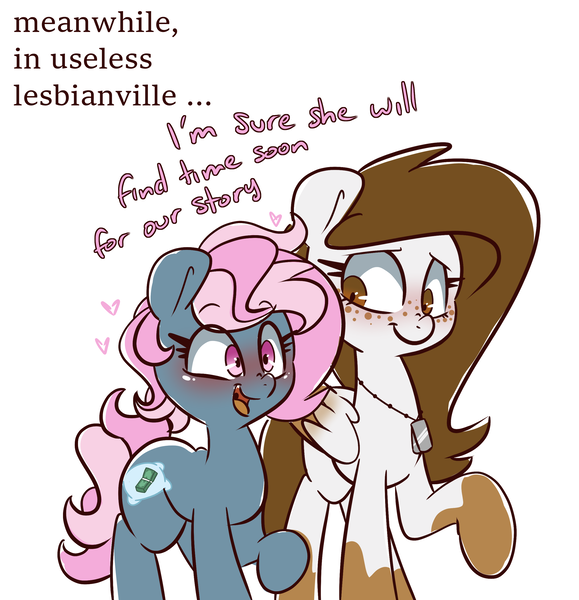 Size: 2500x2590 | Tagged: safe, artist:lou, derpibooru import, oc, oc:dusty star major, oc:juicy dream, unofficial characters only, earth pony, pegasus, pony, blushing, dog tags, female, heart, image, lesbian, png, shipping, simple background, text