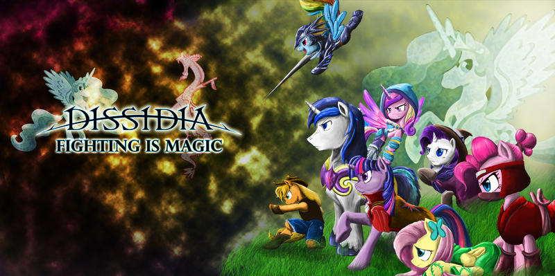 Size: 3883x1936 | Tagged: safe, artist:d-lowell, derpibooru import, applejack, discord, fluttershy, pinkie pie, princess cadance, princess celestia, rainbow dash, rarity, shining armor, twilight sparkle, alicorn, draconequus, earth pony, pegasus, pony, unicorn, fighting is magic, armor, clothes, dissidia, female, final fantasy, hood, image, jpeg, lance, male, mane six, mare, ninja, parody, raised hoof, robe, stallion, unicorn twilight, weapon