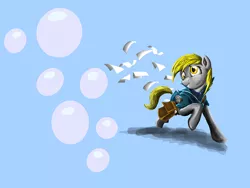 Size: 1024x768 | Tagged: safe, artist:d-lowell, derpy hooves, pegasus, pony, blue blackground, clothes, cutie mark, female, image, jpeg, letter, mailbag, mare, running, smiling, solo, wings