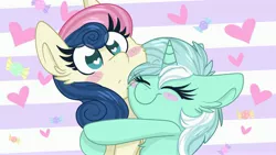 Size: 3840x2160 | Tagged: safe, artist:littleblackraencloud, derpibooru import, bon bon, lyra heartstrings, sweetie drops, earth pony, pony, unicorn, blushing, cheek fluff, chest fluff, ear fluff, female, heart, hug, image, jpeg, lesbian, lyrabon, shipping, smiling