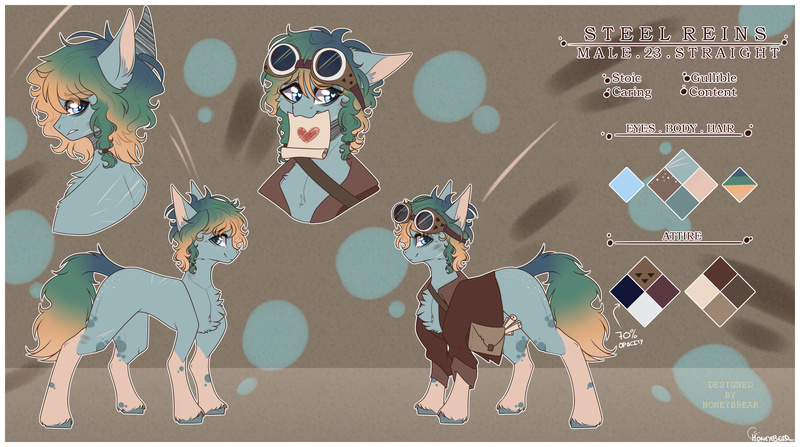 Size: 3990x2230 | Tagged: safe, artist:honeybbear, derpibooru import, oc, oc:steel reins, unofficial characters only, earth pony, pony, image, png, reference sheet, solo