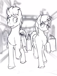 Size: 3000x4000 | Tagged: safe, artist:toanderic, derpibooru import, oc, oc:skydreams, oc:zephyr sunrise, unofficial characters only, pegasus, unicorn, bag, canterlot, horn, image, looking at each other, looking at someone, magic, monochrome, pegasus oc, png, shopping, shopping bag, sketch, talking, telekinesis, unicorn oc, unshorn fetlocks, walking, wings