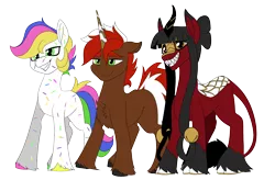 Size: 1920x1257 | Tagged: safe, artist:brainiac, derpibooru import, oc, oc:brute force, oc:confetti, oc:kokuma, oc:ruby kirin, earth pony, kirin, pony, unicorn, derpibooru community collaboration, 2022 community collab, female, image, male, mare, png, stallion