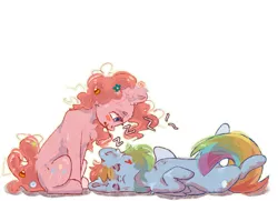 Size: 4000x2900 | Tagged: safe, artist:colorochka, derpibooru import, pinkie pie, rainbow dash, earth pony, pegasus, pony, blush sticker, blushing, chest fluff, duo, ear fluff, eyes closed, face paint, female, flower, flower in hair, folded wings, hair accessory, heart, high res, image, looking at someone, looking down, lying down, mare, mouth hold, on back, onomatopoeia, outline, pencil, png, profile, simple background, sitting, sleeping, smiling, sound effects, white background, wings, zzz