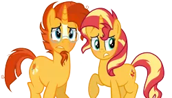 Size: 3388x1924 | Tagged: safe, artist:amelia-bases, artist:winter-scarf, derpibooru import, sunburst, sunset shimmer, pony, unicorn, base used, blushing, brother and sister, facial hair, female, glasses, goatee, headcanon, image, male, mare, missing accessory, png, raised hoof, siblings, similarities, simple background, stallion, sunny siblings, transparent background