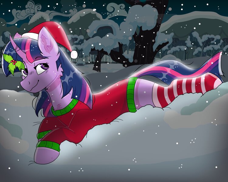 Size: 2560x2048 | Tagged: safe, artist:valkiria, twilight sparkle, pony, unicorn, christmas, clothes, female, forest, hat, holiday, image, jpeg, mare, mistletoe, santa hat, snow, socks, solo, sweater, tree, unicorn twilight, winter