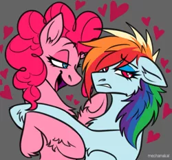 Size: 899x835 | Tagged: safe, artist:mechanakal, derpibooru import, pinkie pie, rainbow dash, earth pony, pegasus, pony, chest fluff, female, gray background, heart, image, lesbian, lidded eyes, open mouth, pinkiedash, png, shipping, simple background