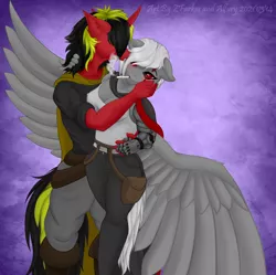 Size: 3860x3840 | Tagged: suggestive, artist:108-zeroforce, artist:alfury, derpibooru import, oc, oc:pynoka, unofficial characters only, anthro, pegasus, pony, unicorn, collaboration, commission, female, gradient background, image, male, png, simple background, tail, wings
