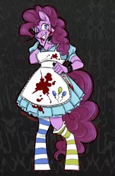 Size: 1125x1725 | Tagged: grimdark, derpibooru import, anthro, earth pony, unguligrade anthro, fanfic:cupcakes, blood, choker, clothes, dress, female, image, knife, png, socks, solo, striped socks