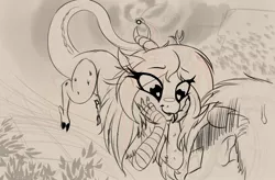 Size: 1800x1184 | Tagged: safe, artist:to_fat_to_fly, discord, draconequus, pony, eris, eye clipping through hair, female, heart eyes, image, jpeg, monochrome, rule 63, wingding eyes