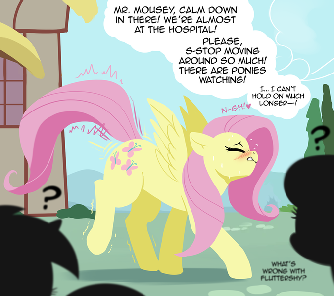 Size: 900x800 | Tagged: questionable, artist:innermouse, derpibooru import, fluttershy, pegasus, pony, accidental stimulation, blushing, cutie mark, derpibooru exclusive, dialogue, embarrassed, eyes closed, image, implied bestiality, implied unbirthing, lip bite, looking pleasured, outdoors, pleasure, png, ponyville, question mark, silhouette, spread wings, thought bubble, thrill of almost being caught, twitching, walking, wingboner, wings