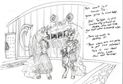 Size: 1200x821 | Tagged: safe, artist:sepiakeys, derpibooru import, princess celestia, princess luna, anthro, unguligrade anthro, clothes, dress, image, monochrome, png, quesadilla monster, they're just so cheesy, traditional art