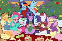 Size: 2039x1378 | Tagged: safe, artist:snspony, derpibooru import, applejack, fluttershy, pinkie pie, rainbow dash, rarity, twilight sparkle, earth pony, pegasus, pony, unicorn, blushing, christmas, christmas tree, cider, clothes, drink, drinking, earmuffs, female, floppy ears, hat, hearth's warming, holiday, image, jacket, mane six, mare, png, scarf, sweater, tree, winter, winter outfit