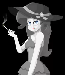 Size: 1692x1950 | Tagged: safe, artist:biocrine, derpibooru import, rarity, equestria girls, black and white, black background, cigarette, fall formal outfits, grayscale, image, looking at you, monochrome, neo noir, partial color, png, simple background