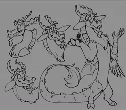 Size: 939x821 | Tagged: safe, artist:rockin_candies, derpibooru import, discord, draconequus, doodle, fangs, gray background, horns, image, jpeg, male, simple background, sketch, smiling, solo, traditional art, wings