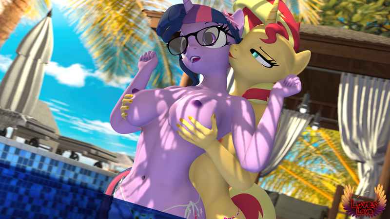 Size: 7680x4320 | Tagged: questionable, artist:loveslove, derpibooru import, sci-twi, sunset shimmer, twilight sparkle, anthro, unicorn, equestria girls, 3d, absurd file size, absurd resolution, beach, bikini, bikini bottom, breast grab, breasts, clothes, cloud, female, females only, glasses, grope, horn, image, kiss on the cheek, kissing, lesbian, nipples, nudity, outdoors, partial nudity, png, scitwishimmer, shipping, source filmmaker, sunsetsparkle, surprise kiss, surprised, swimming pool, swimsuit, topless
