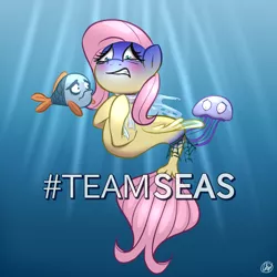 Size: 2000x2000 | Tagged: semi-grimdark, artist:plaguemare, derpibooru import, fluttershy, fish, jellyfish, pony, sea pony, seapony (g4), choking, crying, female, fins, fishnets, image, imminent death, mare, ocean, plastic bag, png, scared, seaponified, seapony fluttershy, species swap, tears of pain, trash, water