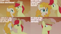 Size: 1280x720 | Tagged: safe, derpibooru import, edit, edited screencap, editor:quoterific, screencap, bright mac, pear butter, earth pony, pony, season 7, the perfect pear, cowboy hat, female, hat, image, lip bite, male, mare, open mouth, open smile, png, smiling, stallion