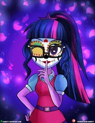 Size: 1500x1942 | Tagged: safe, artist:dieart77, derpibooru import, sci-twi, twilight sparkle, equestria girls, clothes, dia de los muertos, face paint, female, glasses, image, jpeg, one eye closed, smiling, solo