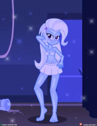 Size: 3090x4000 | Tagged: suggestive, artist:dieart77, derpibooru import, edit, trixie, equestria girls, arm behind head, barefoot, belly button, clothes, feet, female, grin, high res, image, looking at you, oil, oily skin, png, shiny, skirt, smiling, smiling at you, solo, solo female, sparkles, underwear