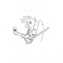 Size: 1451x1451 | Tagged: safe, artist:in3ds2, derpibooru import, oc, oc:kalimu, gryphon, alcohol, clothes, glass, image, male, png, sword, traditional art, weapon, wine, wine glass