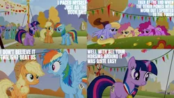 Size: 1280x720 | Tagged: safe, derpibooru import, edit, edited screencap, editor:quoterific, screencap, applejack, cloud kicker, dizzy twister, juicy fruit, lyra heartstrings, orange swirl, rainbow dash, twilight sparkle, earth pony, pegasus, pony, unicorn, fall weather friends, season 1, applejack's hat, cowboy hat, female, floppy ears, hat, image, mare, open mouth, png, smiling, unicorn twilight