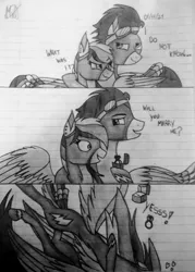 Size: 2746x3829 | Tagged: safe, artist:celestia2590, derpibooru import, rainbow dash, soarin', clothes, comic, female, image, jpeg, male, marriage proposal, pencil drawing, shipping, soarindash, straight, traditional art, uniform, wonderbolts uniform