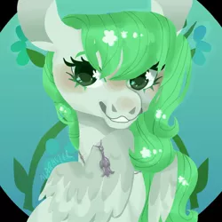 Size: 640x640 | Tagged: safe, artist:alabasterpeony, derpibooru import, oc, oc:sparrow gale, unofficial characters only, pegasus, pony, bust, commission, female, green mane, image, jewelry, jpeg, mare, necklace, pegasus oc, portrait, solo, wings