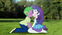 Size: 3640x2048 | Tagged: safe, artist:georgegarza01, derpibooru import, rarity, spike, human, barefoot, blushing, feet, female, geode of shielding, grass, heart, human spike, humanized, image, jpeg, kissing, magical geodes, male, outdoors, rarity peplum dress, shipping, sparity, story included, straight, surprise kiss, tree