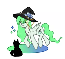 Size: 1100x1000 | Tagged: safe, artist:urlaifu, derpibooru import, oc, oc:sparrow gale, unofficial characters only, cat, pegasus, pony, commission, female, green mane, hat, image, jewelry, mare, necklace, pegasus oc, png, solo, wings, witch hat, ych result